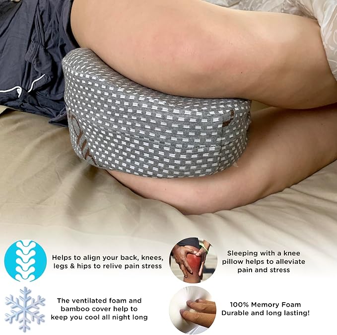 Sacred Thread Memory Foam Knee Pillow for Side Sleepers, for Knee, Hip, and Back Pain, Cooling Rayon Made from Bamboo Cover, Pillow for Between Legs (Grey Heart)