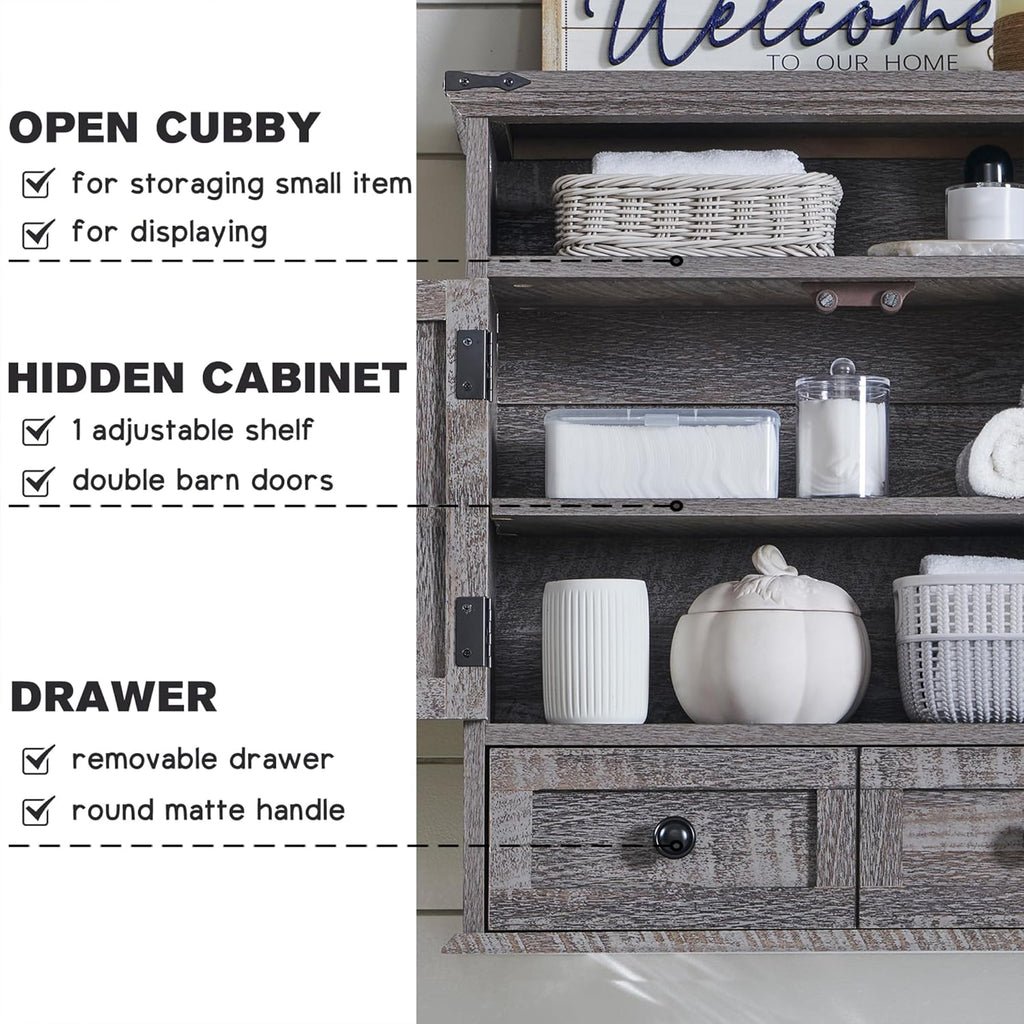 Bathroom Wall Cabinet, Farmhouse Medicine Cabinet, 24" Wide Cabinet with Drawer, Adjustable Shelf, Double Barn Doors, Storage Cabinet for Bathroom, Kitchen, Living Room, Grey Wash