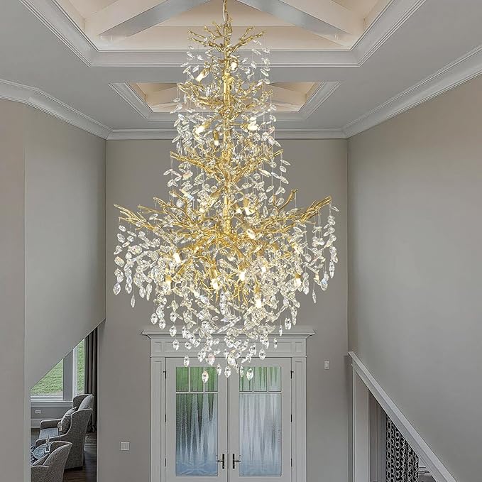 H61'' Gold Crystal High Ceilings Chandeliers Staircase Chandeliers Modern Crystal Tree Branch Chandelier, D40'' Foyer Chandelier for High Ceiling Luxury Large Living Room Chandelier, 23-Lights