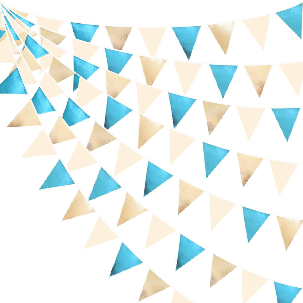 Champagne Gold Sky Blue Beige Decorations Metallic Fabric Triangle Pennant Banner Bunting Flag Garland for Birthday Baby Shower Engagement Wedding Graduation Bridal Shower Party Decorations Supplies