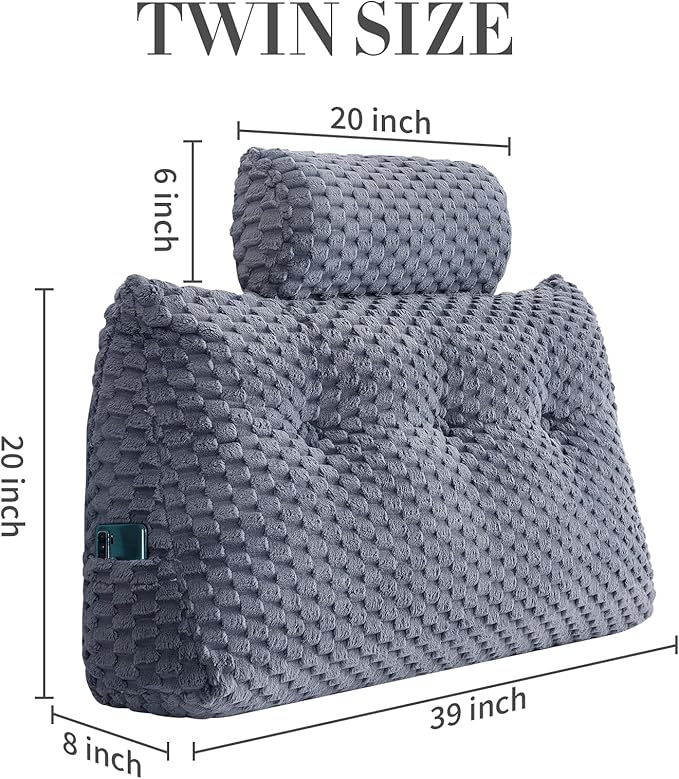 Wedge Headboard Pillow - Bed Wedge Pillow for Headboard Triangular Headboard Pillow with Neck Roll Pillow-Large Bolster Pillow for Sitting in Bed Backrest Positioning Support (Grey,39x8x20 Inches)