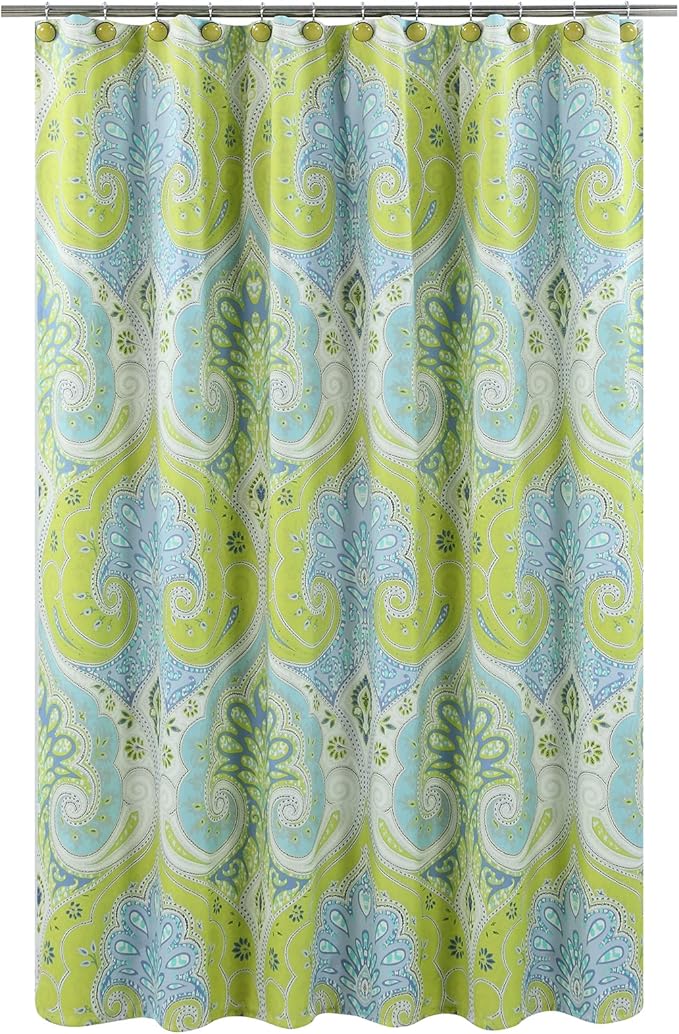 Medina Saffron Damask Blue Fabric Printed Green Waterproof Polyester Shower Curtain for Bathroom,Small 54" W x Extra 78" H