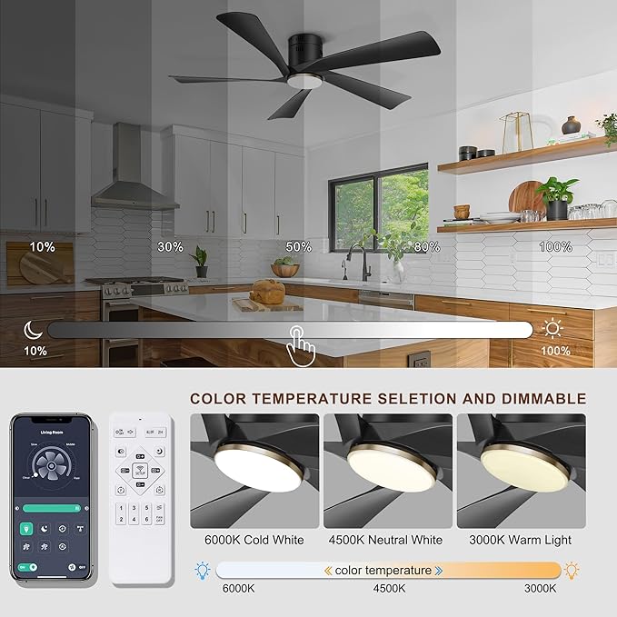 Ohniyou 52” Low Profile Ceiling Fan with Lights, Remote & APP Control Modern Flush Mount Indoor Outdoor Ceiling Fans, Dimmable, Silent DC Motor, Reversible, Black