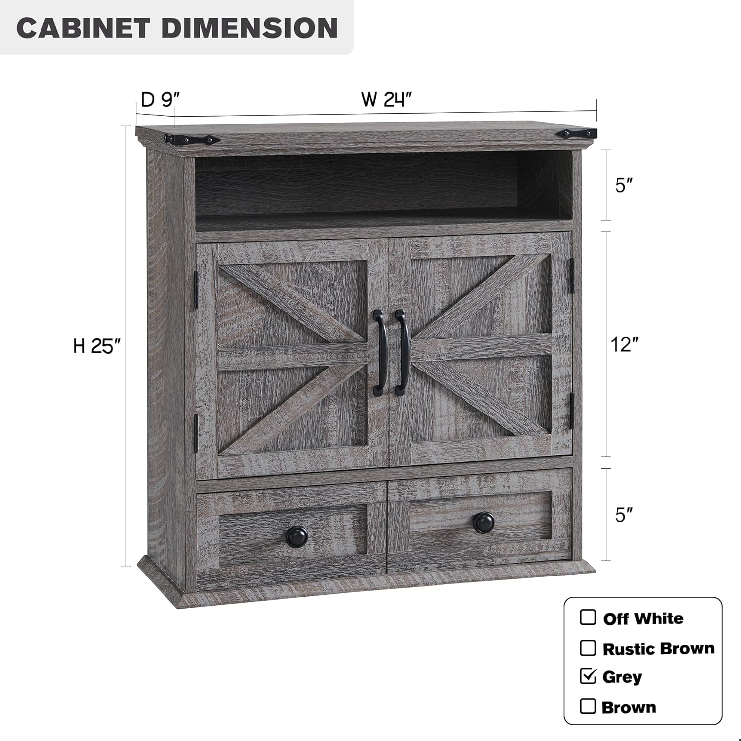 Bathroom Wall Cabinet, Farmhouse Medicine Cabinet, 24" Wide Cabinet with Drawer, Adjustable Shelf, Double Barn Doors, Storage Cabinet for Bathroom, Kitchen, Living Room, Grey Wash