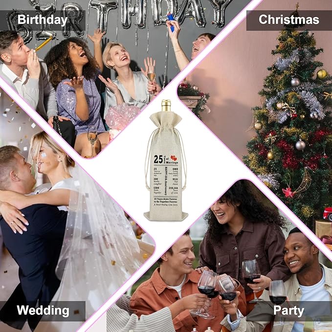 25 Year Marriage Gift for Wife Husband Wine Bag 25th Anniversary Wedding Gift for Her Him Drawstring Burlap Wine Bag Anniversary Keepsake Gift for Couples Friend Valentine Gift for Husband Wife