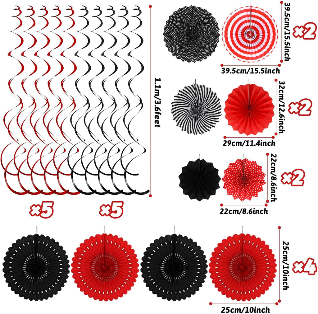 Black Red Party Decorations, Easy Assembly Paper Fan Honeycomb Ball Garland Hanging Swirl Graduation Party Supplies for Boy Girl Women Birthday Congrats Grad Party Decorations