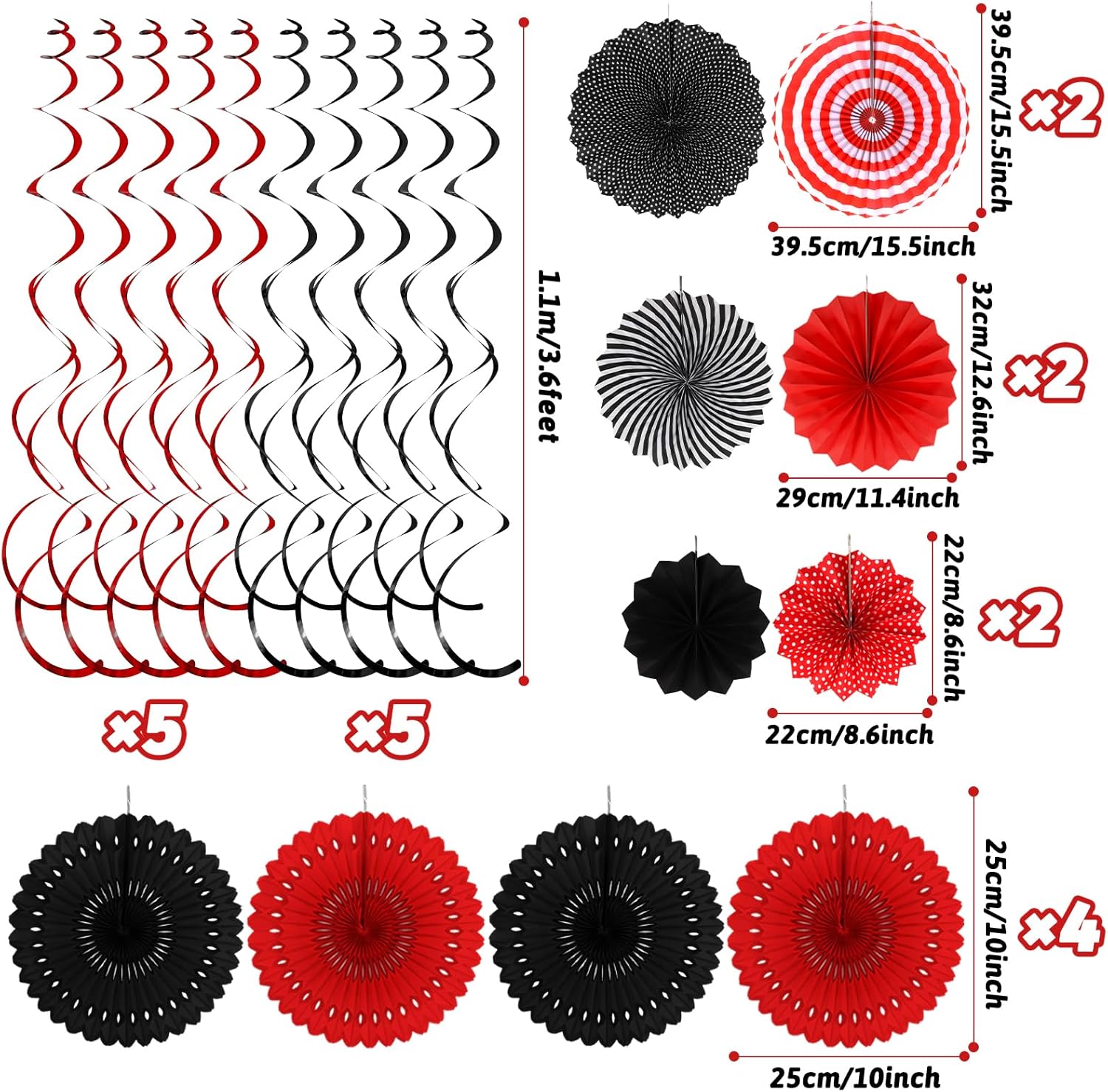 Black Red Party Decorations, Easy Assembly Paper Fan Honeycomb Ball Garland Hanging Swirl Graduation Party Supplies for Boy Girl Women Birthday Congrats Grad Party Decorations