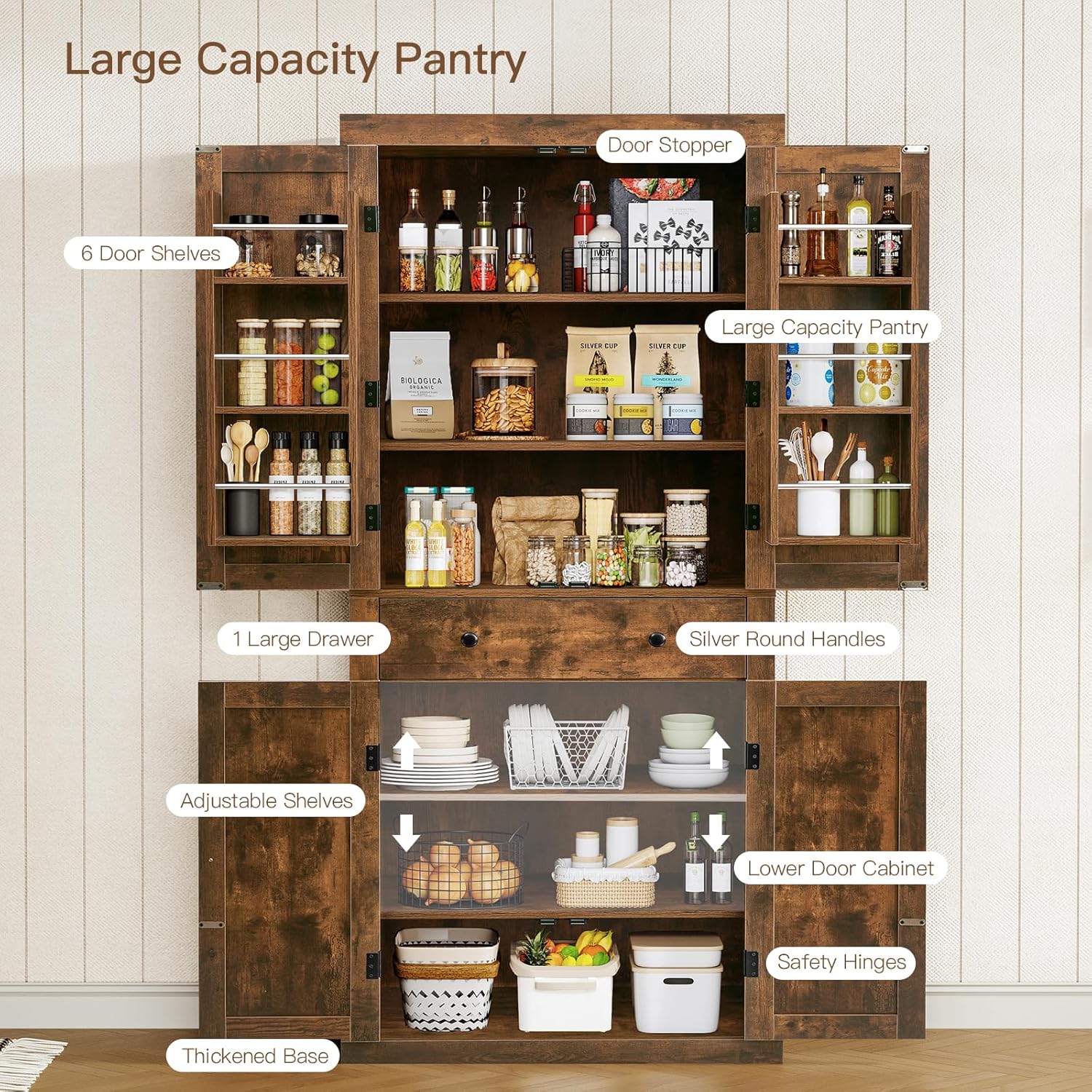 usikey 72” Kitchen Pantry Cabinet, Tall Storage Cabinet with 4 Doors and 1 Drawer, Freestanding Cupboard with 6 Hanging Shelves and Adjustable Shelves for Kitchen, Living Room, Rustic Brown