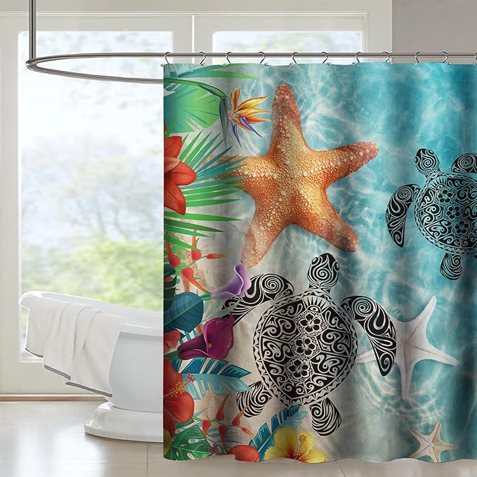 AILONEN Sea Turtle Shower Curtain,Sea Turtle with Starfish Bath Curtain Cloth Fabric Bathroom 48" W*72" H Inch,12 Pack Hooks for Kids,Ocean Themed Bathroom Curtain