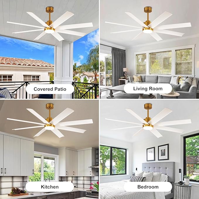 Depuley 60" Industrial DC Motor Ceiling Fan with LED Light, Indoor or Covered Outdoor Ceiling Fans for Living Room Office Bedroom Porch Patio, 5-Speed Remote App Control, White and Gold