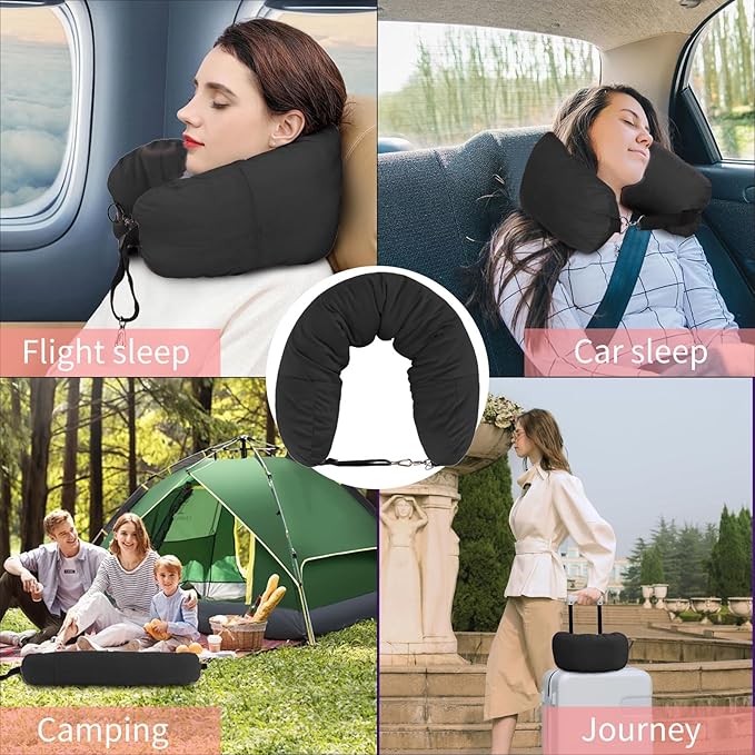 Stuffable Travel Pillow for Extra Luggage, Travel Neck Pillow Stuffable with Clothes, Stuffable Neck Pillow for Travel, Velvet Travel Neck Pillow Storage Bag, Fillable Luggage Pillow (Black)