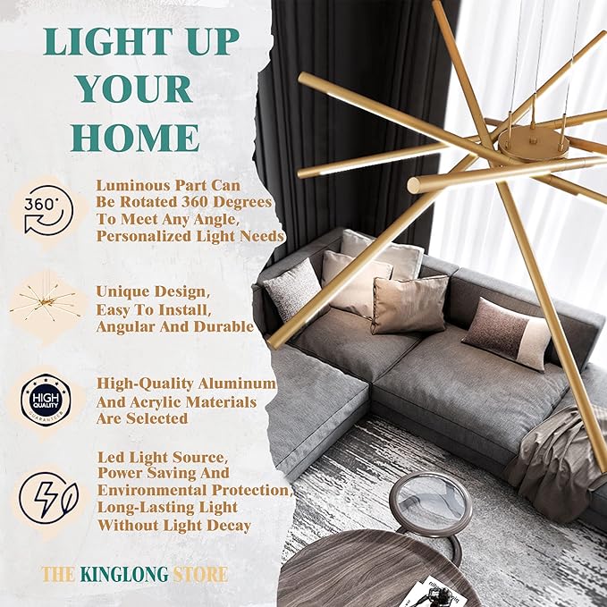 Gold 12-Light Modern Led Chandelier Flush Mount DIY Linear Art Deco Chandeliers Fixture for Dining Room，Staircase Bedroom，Bathroom，Living Room，Foyer and Kitchen Island Easy to Install Lamp