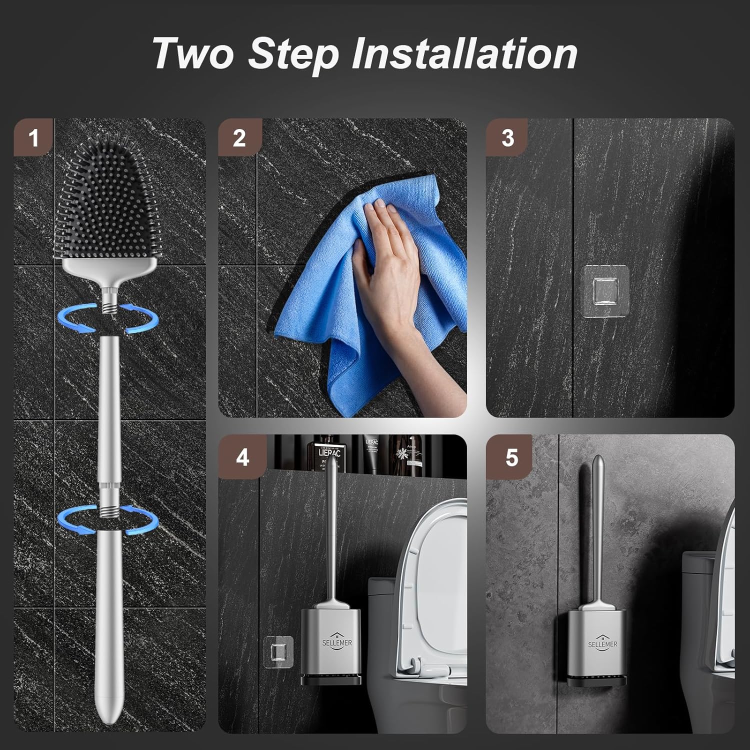 Sellemer Toilet Brush and Holder Set - Flexible Toilet Bowl Brush Head with Silicone Bristles, Compact Size for Storage and Organization, Ventilation Slots Base (1 Pack, Silver)