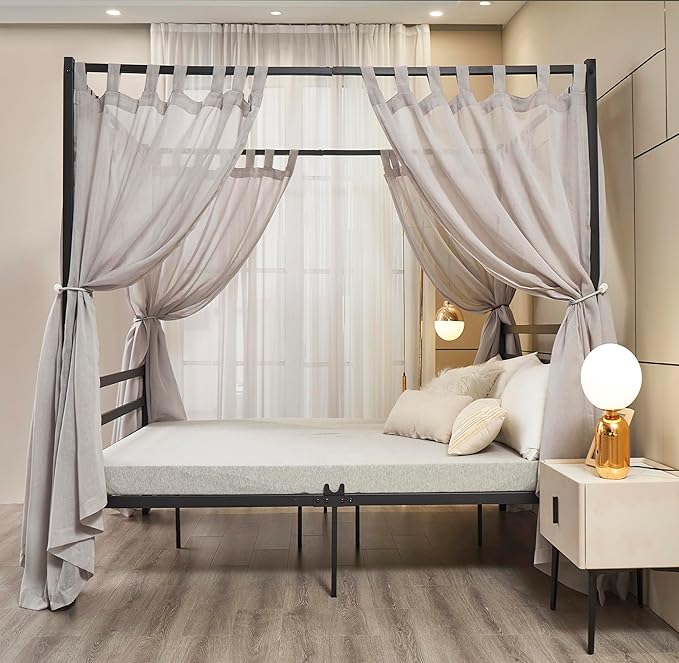 Mengersi Linen Canopy Bed Curtains for Twin,Full,Queen and King Size Bed,Bed Canopy Natural Blended Curtain Panels, 8 Panels Set (All Bed Sizes, Gray)