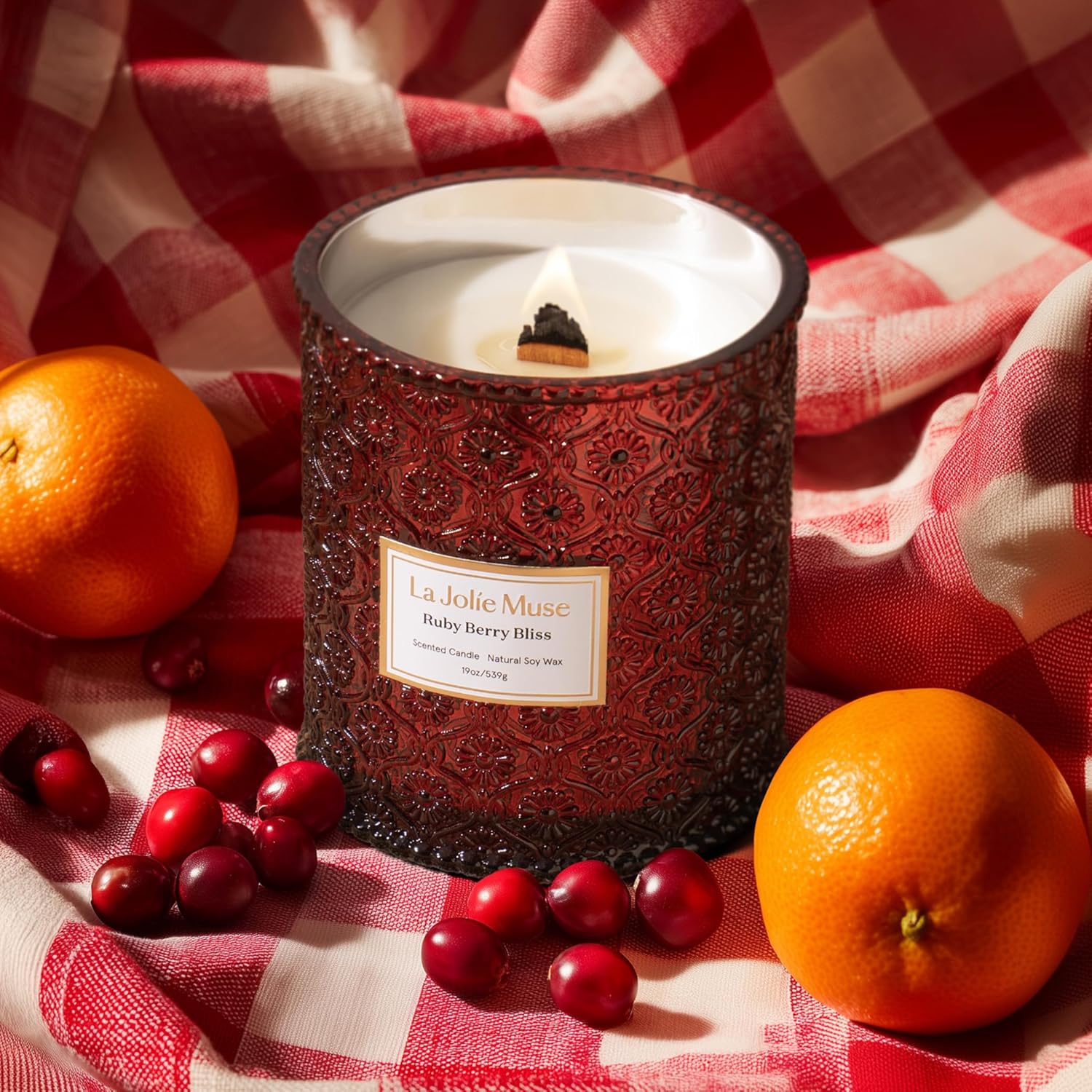 LA JOLIE MUSE Ruby Berry Bliss Scented Candle – Mandarin, Cranberry & Plum | 19 oz Festive Fall Candle | Wooden Wick | Clean Burn & Vibrant Scent | Fun Gift for Hosts & Fall Tablescapes