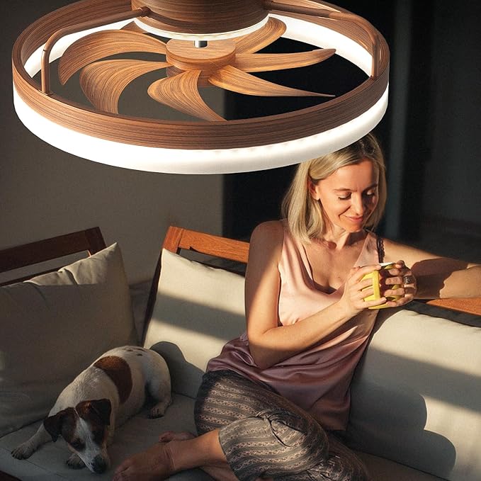 KDZ Low Profile Ceiling Fans with Lights and Remote, 20'' Bladeless Fandelier Ceiling Fans with Remote App, 3000-6000K Color Temperature Flush Mount Wooden Ceiling Light with 6 Speeds For Bedroom