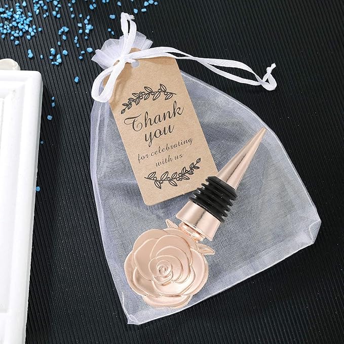 12PCS Rose Beverage Wine Bottle Stopper Wine Caps Reusable Plug Keep Wine Fresh for Birthday Wedding Bridal Shower Favors for Guests Gifts with Kraft Tags(12,Opp Rose Stopper)