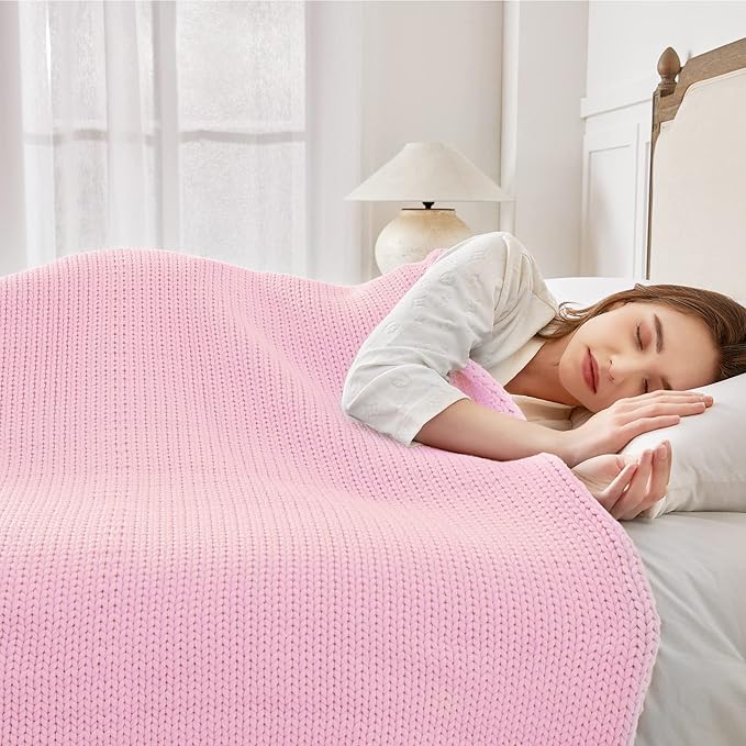 Knitted Weighted Blanket(Pink 50"x75" 12lbs),Home Décor Cooling Throw Blanket for Hot Sleepers,Hand Made Chunky Knit Heavy Blanket for Adults Use on Full Size Bed