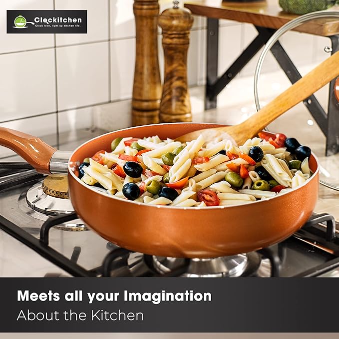 Clockitchen Non Stick Pots and Pan Set, 10pcs Cookware Set with Ceramic Coating, Non-toxic Pan Set Compatible with All Stoves, Dishwasher Safe, Copper