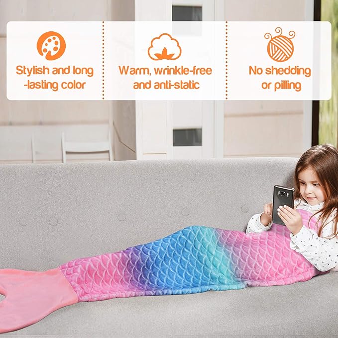 Catalonia Toddlers Mermaid Tail Blanket, Super Soft Plush Flannel Sleeping Snuggle Blanket for Kids, Mermaid Gifts for Girls 4-6, Rainbow Ombre