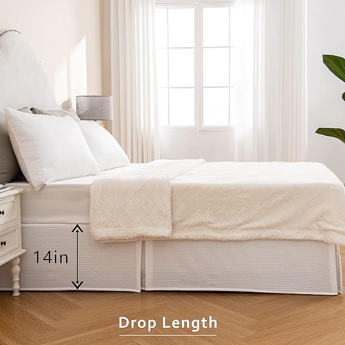 MIYE Pleated Waffle Weave Bed Skirt, Tailored Dust Ruffle 14 Inch Drop Easy Fit, Machine Washable (White, King - 14" Drop)
