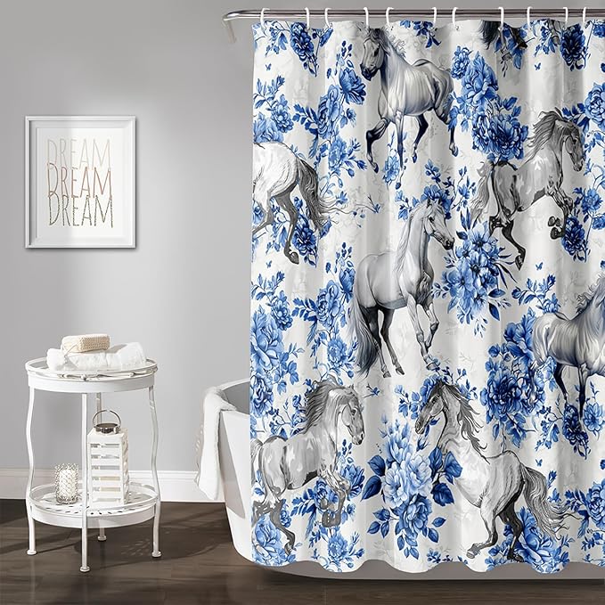AILONEN Blue Floral Horse Shower Curtain,Farm Animal Printed Galloping Horse Bath Curtain,Minimalist Flower Girls Women Bathroom Curtain Decor, 72" W x 78" H