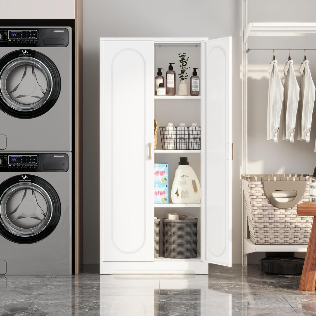 Kitchen Pantry Cabinet,60”Metal White Storage Cabinets with Doors and Shelves,Tall Cabinet with 2 Gold Hands for Dinning Room,Living Room