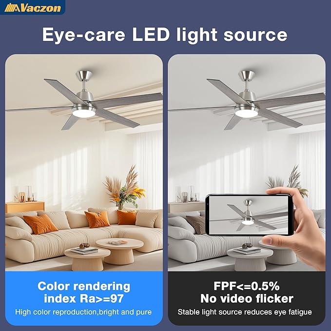 Ceiling Fans with Lights and Remote 52 Inch Modern Ceiling Fan with 6 Speeds, Dimmable LED, Reversible Noiseless DC Motor, Two-Color Blades, Cooling Fan for Bedroom, Living Room, Dining Room