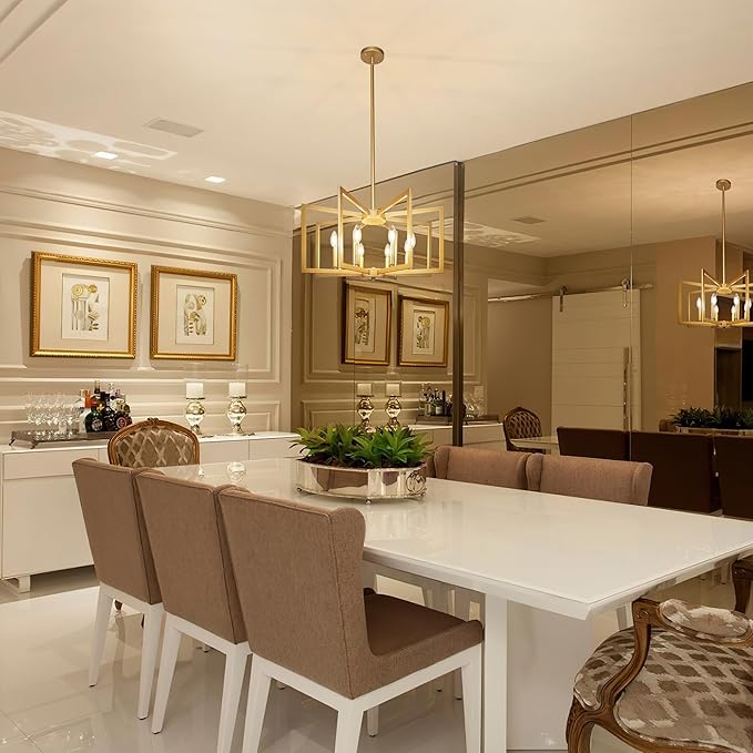 8-Light Modern Farmhouse Gold Geometric Chandelier, Large Industrial Metal Kitchen Light Fixtures, Rustic Cage Hanging Lights for Dining Room Entryway Foyer Living Room Stairway