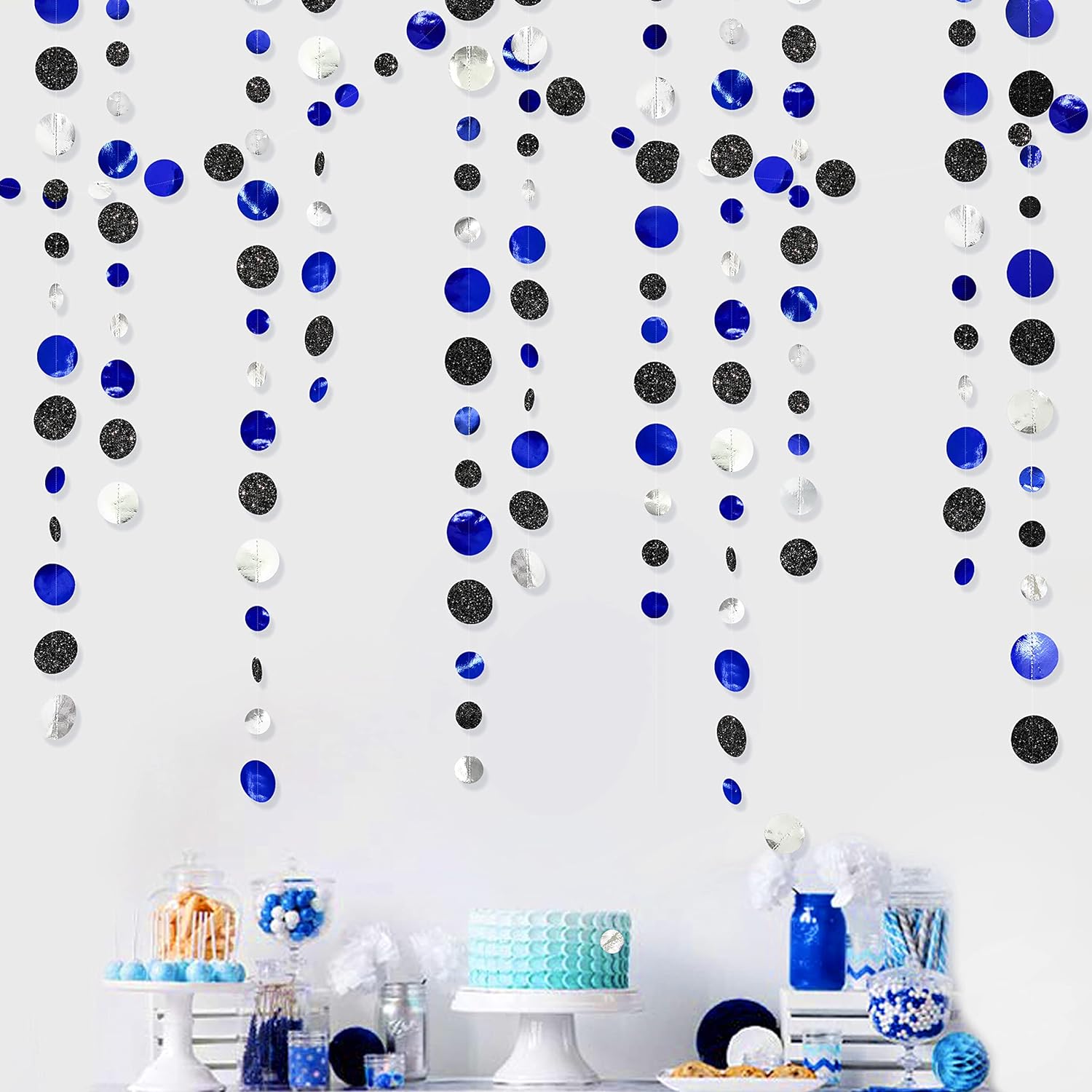 46Ft Navy Blue Black Silver Circle Dots Garland Royal Blue Black Polka Dots Streamer for Birthday Graduations Wedding Bridal Baby Shower Nautical Ahoy Achor Pirate Theme Party Decorations Supplies