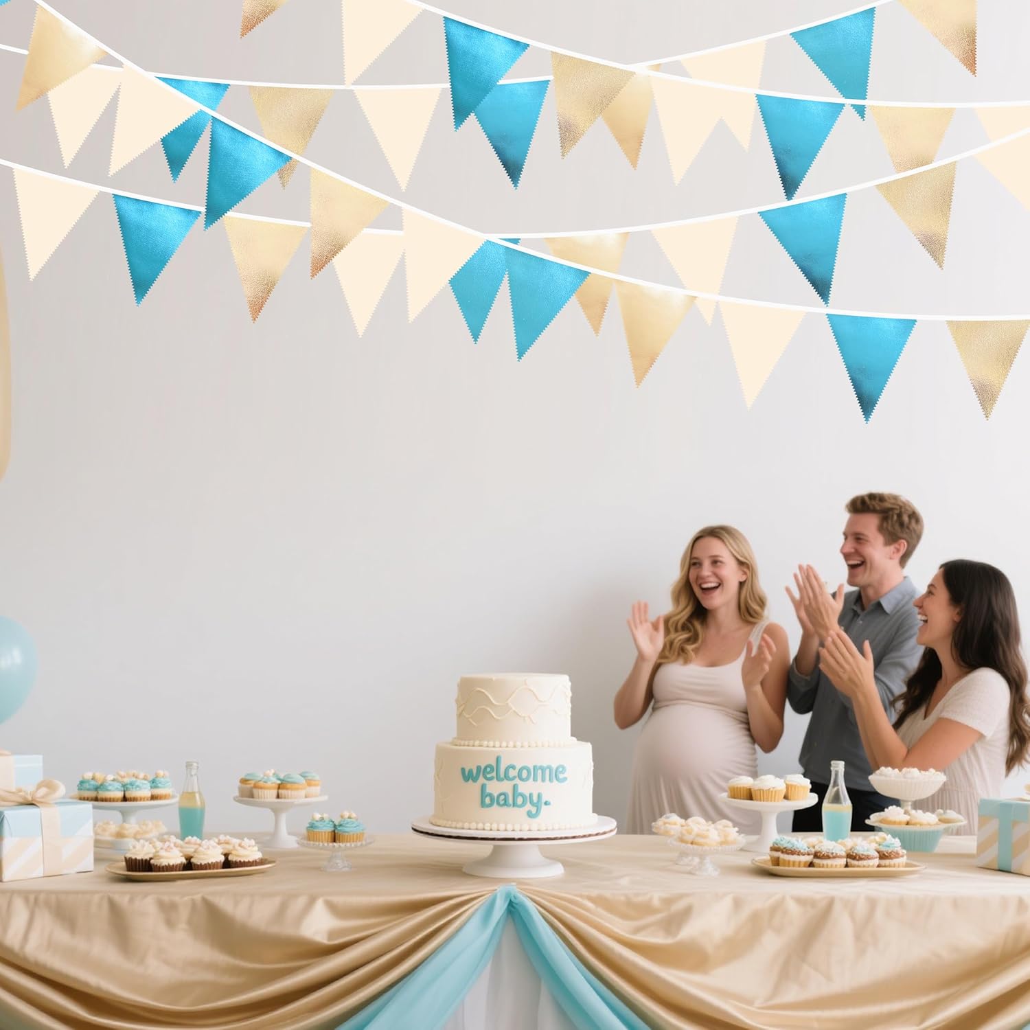 Champagne Gold Sky Blue Beige Decorations Metallic Fabric Triangle Pennant Banner Bunting Flag Garland for Birthday Baby Shower Engagement Wedding Graduation Bridal Shower Party Decorations Supplies