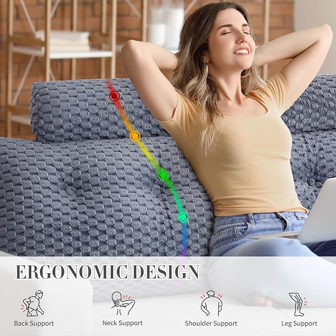 Wedge Headboard Pillow - Bed Wedge Pillow for Headboard Triangular Headboard Pillow with Neck Roll Pillow-Large Bolster Pillow for Sitting in Bed Backrest Positioning Support (Grey,59x8x20 Inches)