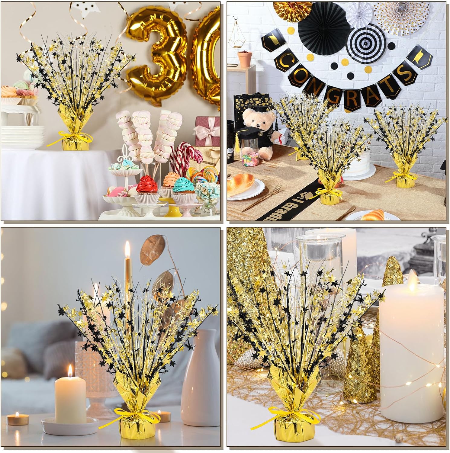 Crowye 18 Pieces Metallic Foil Spray Centerpiece Party Star Table Decoration Burst Metallic Table Centerpieces for Birthday Party Season Holiday (Black Gold)
