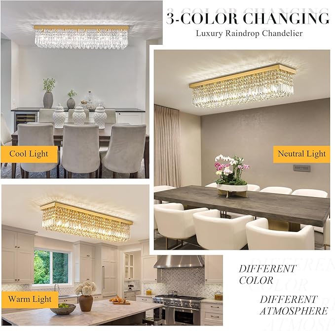 Siljoy 8-Lights Rectangular Flush Mount Ceiling Light Gold Rectangle Modern Crystal Chandelier Farmhouse Close to Ceiling Raindrop Pendant Light Fixture for Dining Living Room Kitchen Island L40''