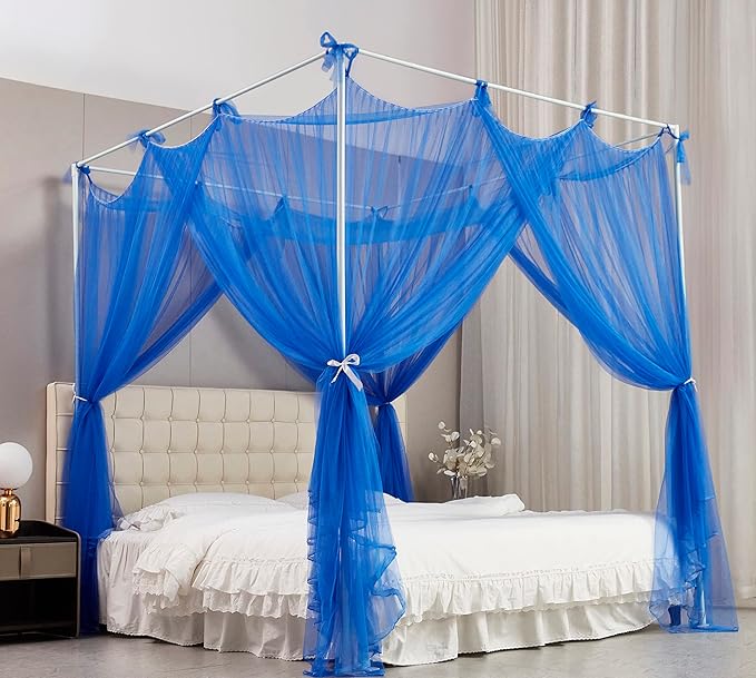 Mengersi Canopy Bed Curtains Bed Canopy with Lights for Girls, Bed Netting Unique Style 4 Door Mosquito Net for Adults Women Bedroom Decor (Blue+Lights, California King)