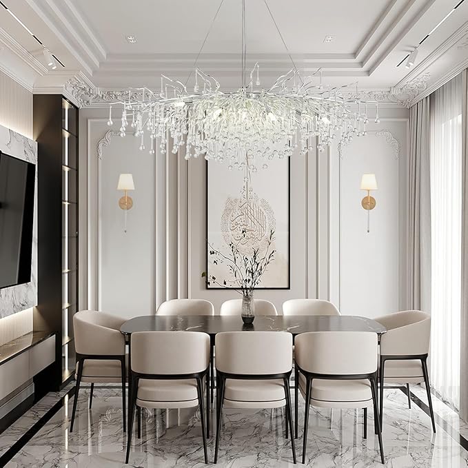 Modern Chandeliers,47.24in Rectangular Crystal Chandelier Chrome, 13-Light Farmhouse Raindrop Chandelier Pendant Light Fixture for Living Room, Kitchen Island 13-Light