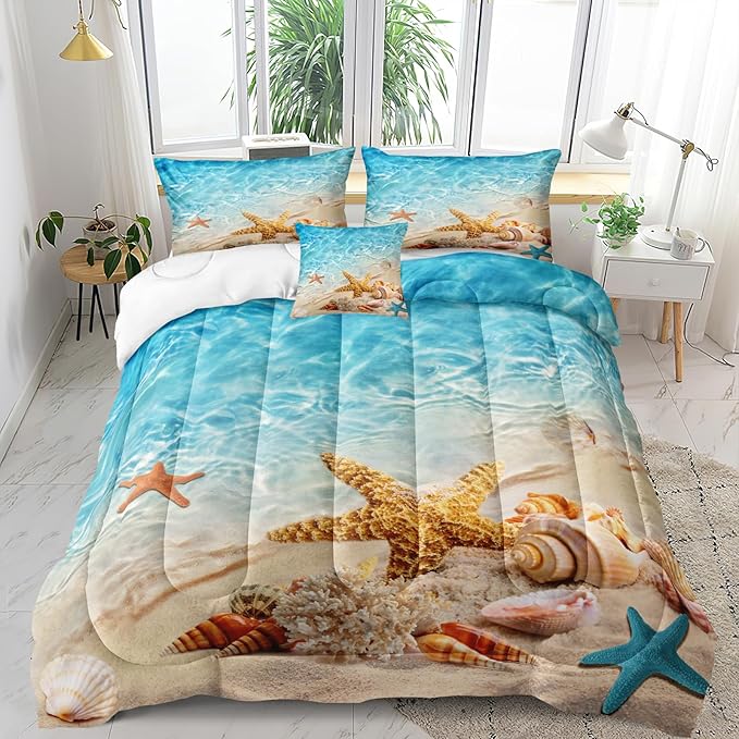 Bedbay Beach Theme Comforter Set King Size Coastal Bedding Set 4 Pcs Starfish Shell Conch Sea Life Printed Ocean Comforter Set King Bedding Set Beach Themed Room Decor (Aqua,King)