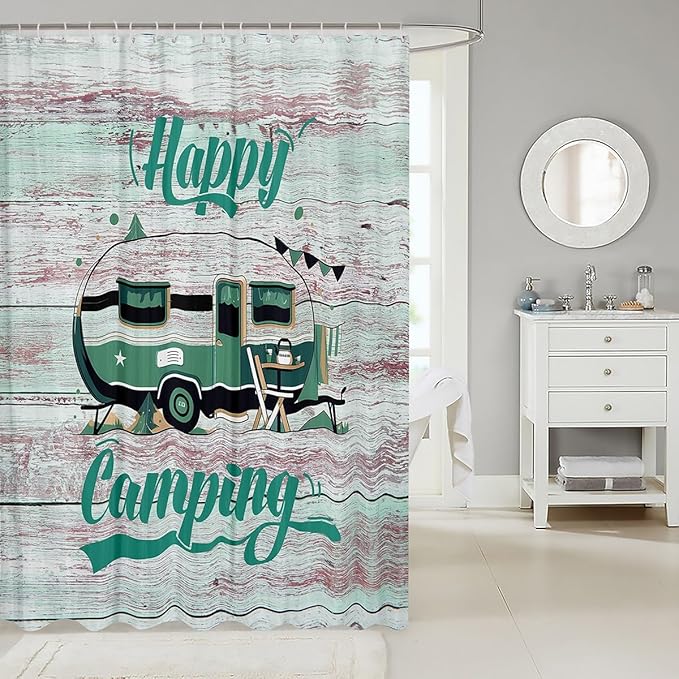 Feelyou Camper Shower Curtain Camping Bathroom Shower Curtain Set Happy Camping Bath Curtain for Kids Boys Girls Cartoon Camping Kids Bathroom Accessories 72"x72"