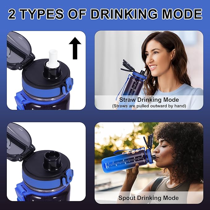 32 oz Water Bottle with Detachable Straw, Clear Motivational Water Bottles with Time to Drink, Tritan & BPA Free Sports Water Jug with Time Marker, Upgraded handle design