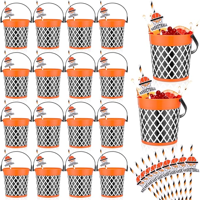 24 Pcs 32oz Basketball Party Favors Rum Buckets Plastic Basketball Cocktail Buckets for Drinks Plastic Ice Pail Bulk with Handle and Straw Reusable Punch Bowls for Drinkware Beer Beverage