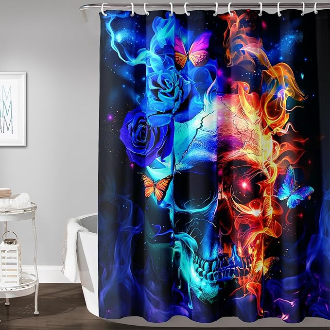 AILONEN Sugar Skull Shower Curtain,Blue Rose Flower Skull Bath Curtain,3D Printed Fire Skull Waterproof Curtain,Galaxy Butterfly Shower Curtain for Bathroom 72" W x 72" H