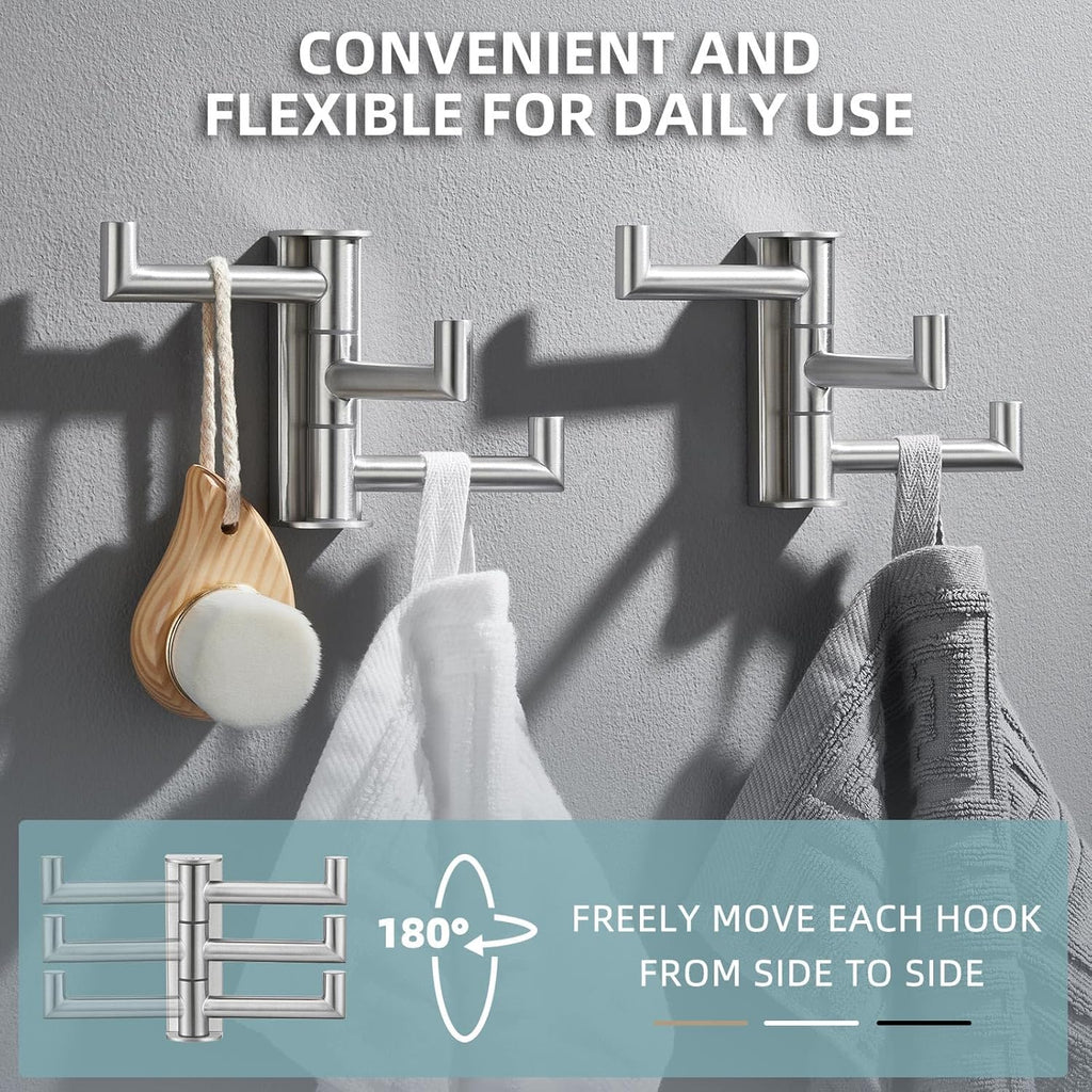 Angle Simple Swivel Towel Hooks, SUS 304 Stainless Steel Foldable Robe Hand Towel Holder for Bathroom Kitchen Wall, Brushed Nickel, 2 Pack