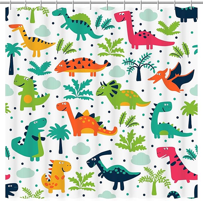 Tropical Dinosaur Shower Curtain. Colorful Dinosaur Theme will add an Element of Fun to your Master, Guest, Kids, Boys, College Dorm Bathroom.