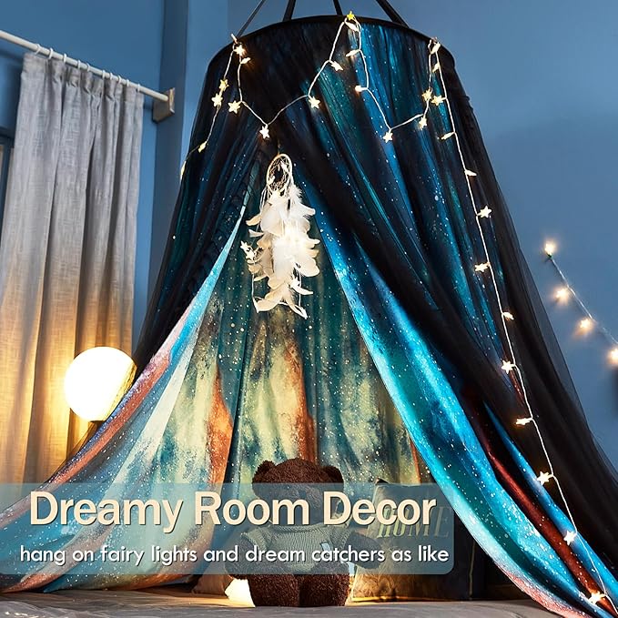 Kertnic Gorgeous Aurora Printed Bed Canopy for Girls & Adults, Room Decorative Cozy Bed Curtain Canopy Drapes, Round Dome Luxurious Lace Princess Canopies Mosquito Netting (Aurora)