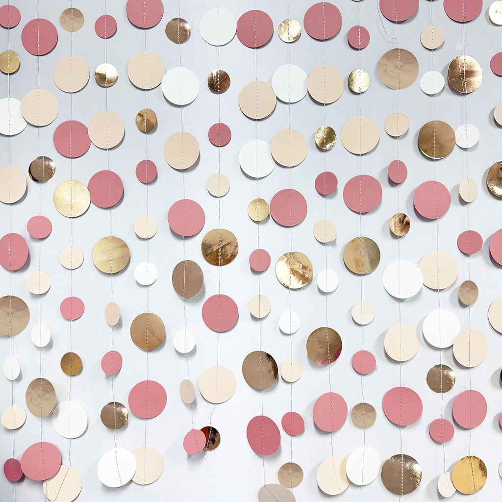 Champagne Gold Dusty Pink Decorations Circle Dots Garland Gold Pink Nude Neutral Cream White Boho Hanging Polka Dot Streamer for Bridal Shower Birthday Wedding Engagement Baby Shower Party Supplies