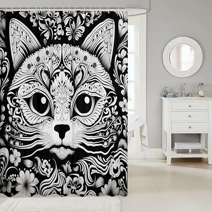 Feelyou Cute Cat Shower Curtain Damask Cat Fabric Shower Curtain for Kids Boys Girls Black White Cat Bathroom Waterproof Accessories with 12 Hooks Cartoon Cat Curtains,72x84 Inches