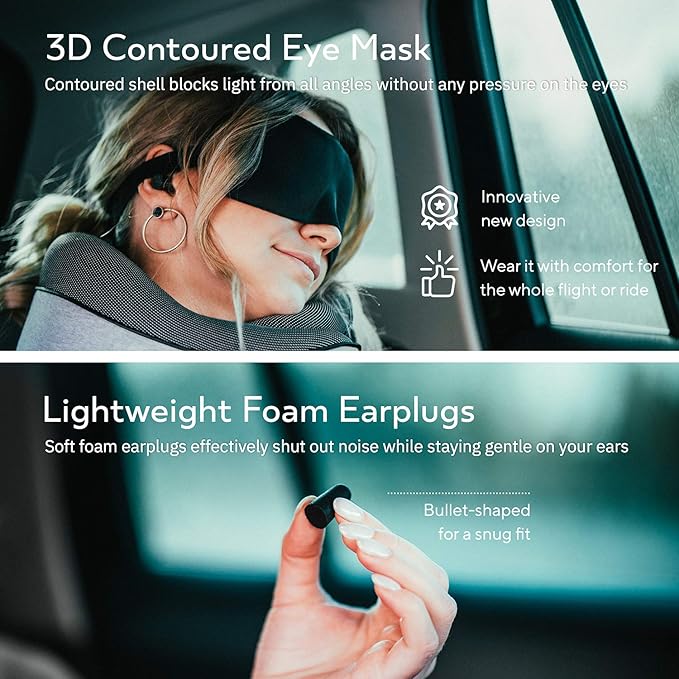 Travel Neck Pillows for Airplanes, Sleeping Essentials for Long Flight, 360° Head Support, Car and Airplane Kit with 3D Contoured Eye Mask, Earplugs and Luxury Mesh Bag (Adult, Grey)