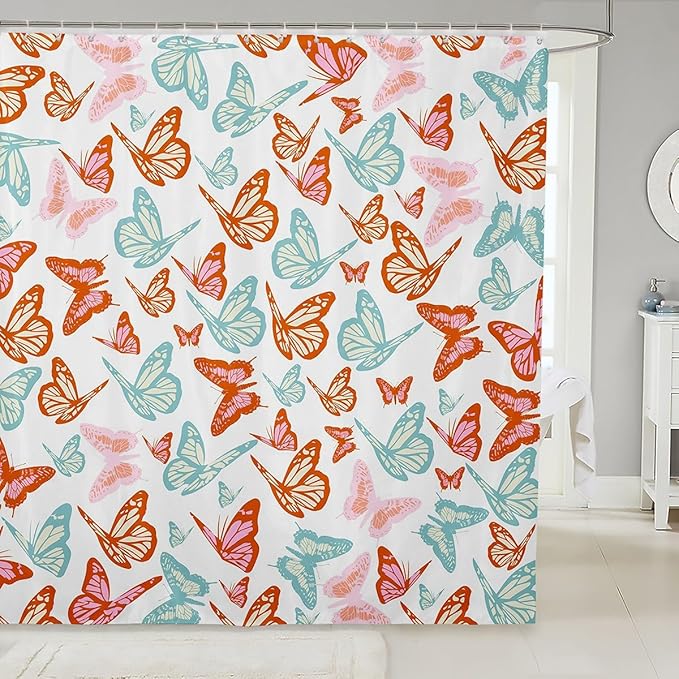 Feelyou Butterfly Bath Curtain Butterflies Print Shower Curtain Girl Butterfly Bathroom Shower Curtain Set for Kids Boys Girls Beautiful Butterfly Kids Bathroom Accessories 72"x78"