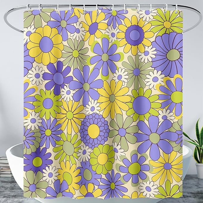 AILONEN Flower Shower Curtain for Bathroom,Polyester Fabric Waterproof,Purple Yellow Plants Flowers Bath Curtains Washable, 48" W x 72" H