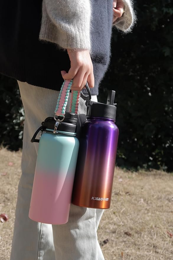 32 oz Insulated Water Bottle with Paracord Handles & Strap, 2 Lids(Straw Lid&Spout Lid), Stainless Steel Reusable Wide Mouth Metal Water Bottle With Straw, Double Walled, Thermo Mug（Tropical Fruit)